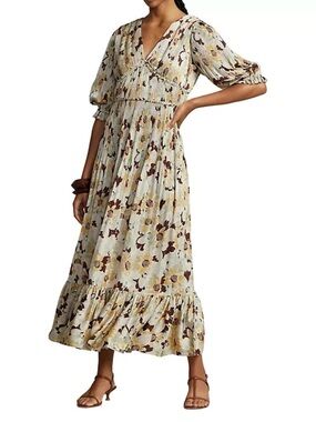 #140 Polo by Ralph Lauren Cream Floral V-Neck Tiered Maxi Dress